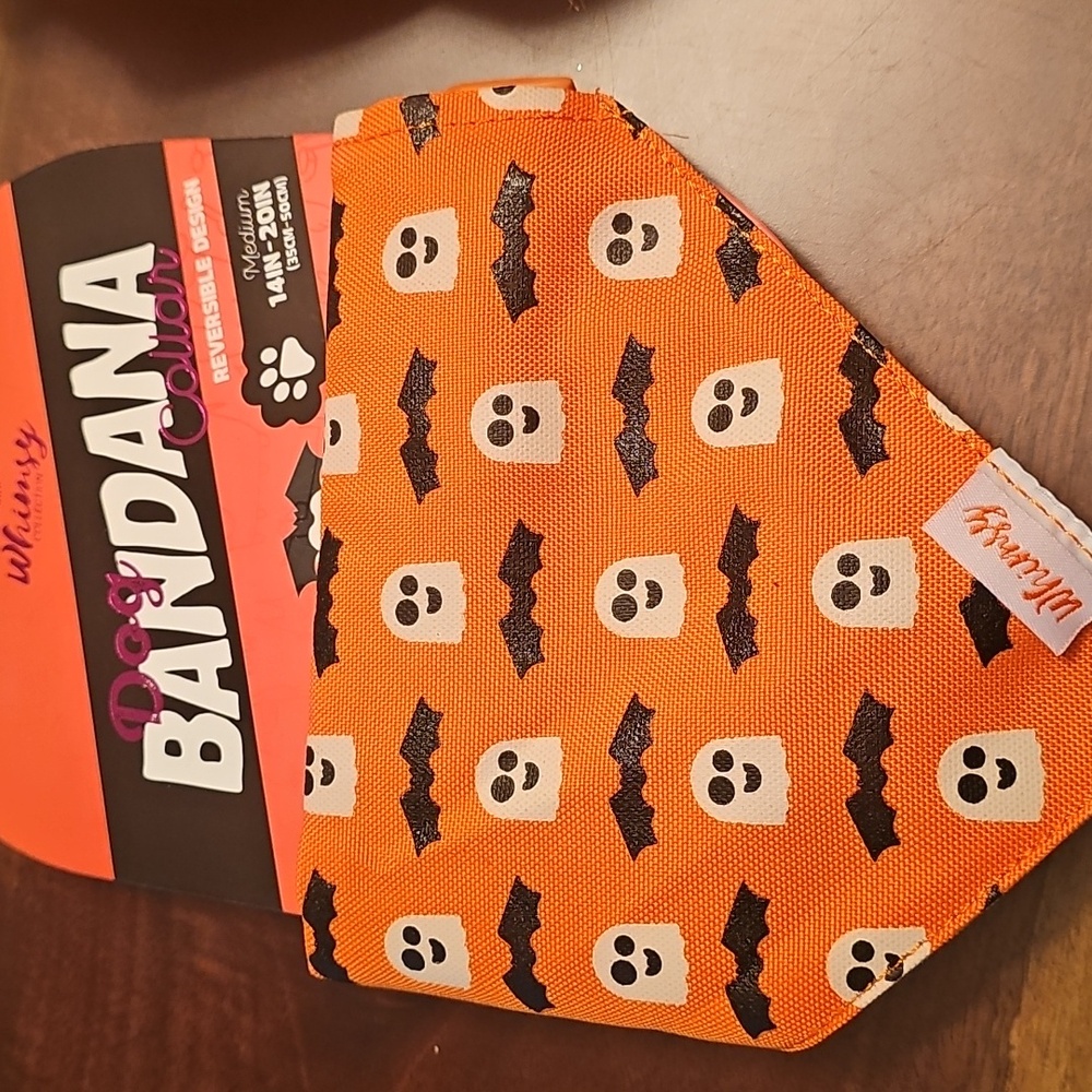 Dog Bandana Collar A Reversible Design Khaki And Orange With Ghosts And Bats